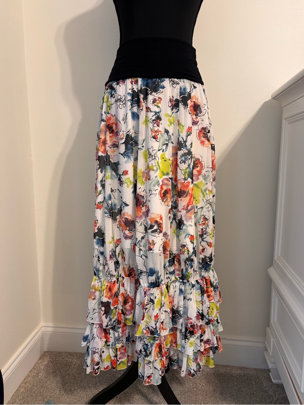 Lapis Women’s Size L Maxi Shirt White With Colorful Floral Tiered Bottom Flowy